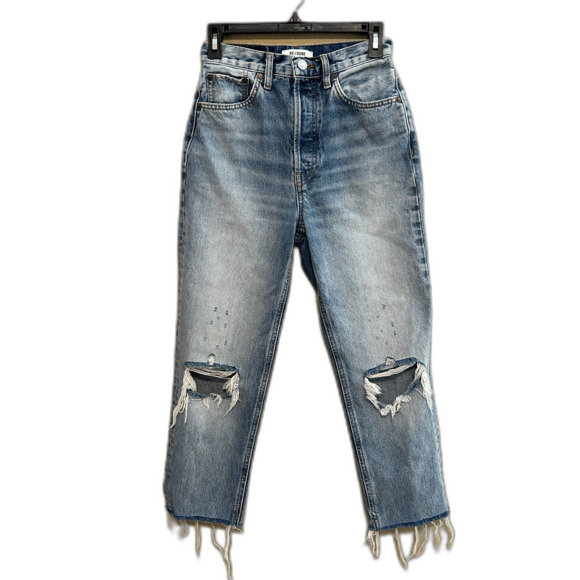RE/DONE Super High Drain Pipe Ankle Jeans Womens Size 26 Distressed Raw Hem - Picture 1 of 9